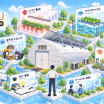 TSUBU公式ロゴと太陽光ハウスを中心とした事業全体のイラスト
